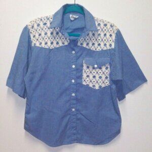 Womens Button up Shirt collared w/lace blue white Sz L button-up pocket short sl